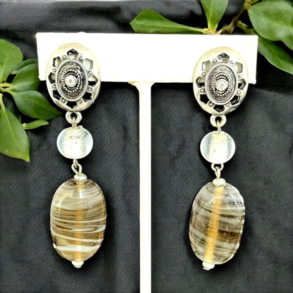 Vintage 1980s Earrings Antique Silver Tone Art Glass Crystal Clip On - 6H